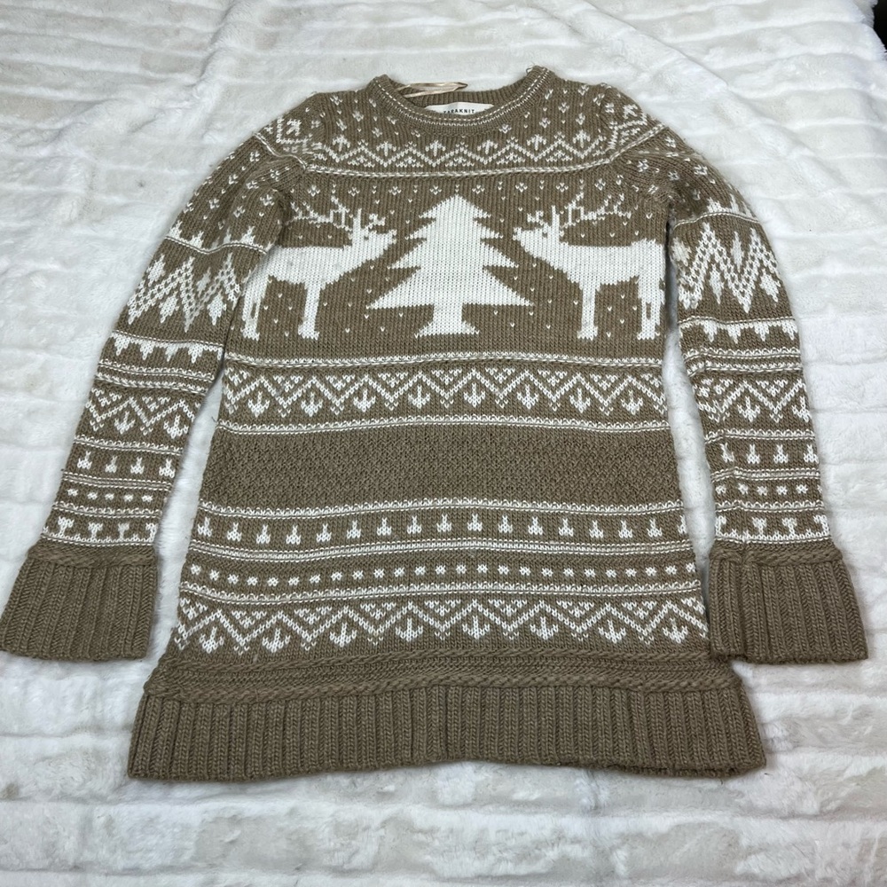 Zara S Wool Blend Tan Cream Christmas Winter Deer Tree Chunky Knit Tunic Sweater